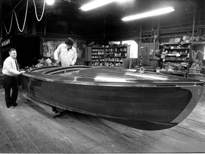 Old Philbrick runabout in workshop with Don Philbrick